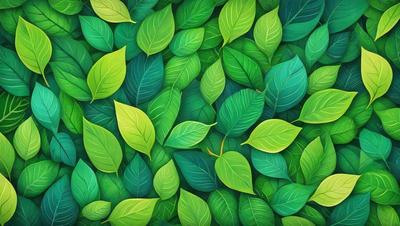 The primary subject of the image is a large number of green leaves, which are the main objects in the scene. The leaves are arranged in a pattern, creating a visually appealing and lush environment. The setting is a green background, which further emphasizes the vibrant colors of the leaves. The visual style of the image is a painting, which adds a sense of artistic expression and creativity to the scene. The dominant colors in the image are green, which creates a calm and soothing atmosphere.