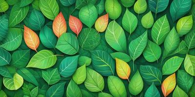 The primary subject of the image is a large collection of green leaves, which are the main objects in the scene. The leaves are arranged in a pattern, creating a visually appealing and natural backdrop. The setting is a lush green environment, which adds to the overall mood of the image. The visual style of the image is a combination of photo and digital art, as it captures the beauty of the leaves in a realistic yet artistic manner. The dominant colors in the image are green, which is the color of the