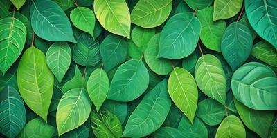 The primary subject of the image is a large group of green leaves, which are the main objects in the scene. The leaves are arranged in a pattern, creating a visually appealing and natural backdrop. The setting appears to be a lush green environment, possibly a forest or a garden. The visual style of the image is a combination of photo and digital art, as it captures the beauty of the leaves in a realistic yet artistic manner. The dominant colors in the image are green, which creates a serene and calming