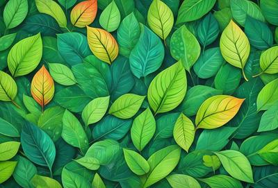 The primary subject of the image is a large green leaf with a yellowish tint. The leaf is surrounded by other green leaves, creating a lush and vibrant scene. The setting is a forest, with the leaves covering the ground and the background. The visual style is a painting, with the artist skillfully capturing the intricate details of the leaves. The colors and mood of the image are predominantly green and yellow, giving it a warm and natural atmosphere.