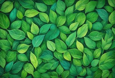 The primary subject of the image is a large, vibrant green leafy plant. The setting is a lush, green environment, with the plant covering the entire background. The visual style is a painting, with the artist using a variety of colors to create a rich, natural atmosphere. The dominant colors are green, with some yellow and brown accents, giving the image a warm and inviting mood.