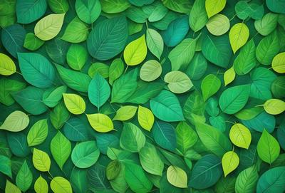 The primary subject of the image is a large green leafy plant with many leaves. The setting is a green background, which creates a natural and vibrant atmosphere. The visual style is a combination of a photo and digital art, as the leaves are depicted in a detailed and realistic manner. The colors and mood of the image are predominantly green, which is associated with nature, growth, and tranquility.