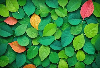 The primary subject of the image is a large green leafy plant with a variety of green and orange leaves. The plant is surrounded by a lush green background, creating a vibrant and natural atmosphere. The visual style of the image is a close-up of the plant, showcasing its intricate details and textures. The dominant colors in the image are green and orange, with the green leaves being the most prominent feature.