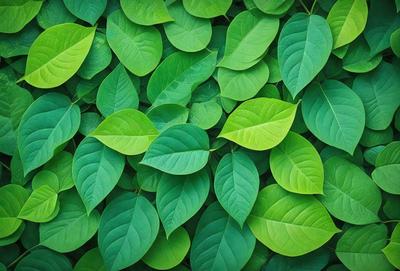 The primary subject of the image is a large group of green leaves, which are the main objects in the scene. The leaves are arranged in a dense, leafy pattern, creating a lush and vibrant visual style. The setting is a green background, which further emphasizes the natural and fresh appearance of the leaves. The overall atmosphere is one of growth, vitality, and abundance.