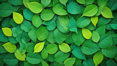 The primary subject of the image is a large group of green leaves, which are the main objects in the scene. The leaves are arranged in a dense, leafy pattern, creating a visually appealing and lush environment. The setting is a green background, which further emphasizes the vibrant color of the leaves. The visual style of the image is a close-up of the leaves, showcasing their intricate details and textures. The overall atmosphere of the image is fresh, natural, and serene, with the green