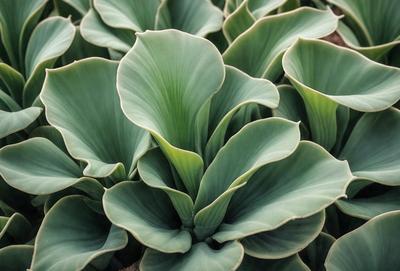 The primary subject of the image is a large, green, leafy plant with long, curved leaves. The plant is situated in a setting with a dirt surface, which adds to the natural and earthy atmosphere of the scene. The visual style of the image is a close-up of the plant, showcasing its intricate details and textures. The dominant colors in the image are green, which is the color of the plant, and brown, which is the color of the dirt surface. The overall mood of the