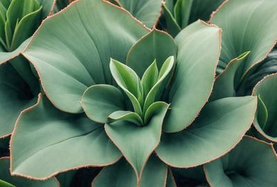 The primary subject of the image is a large green leaf with a small green flower growing in the center. The leaf is the main focus of the image, and it is set against a backdrop of other green leaves. The visual style of the image is a close-up of the leaf, showcasing its intricate details. The colors and mood of the image are predominantly green, creating a serene and natural atmosphere.