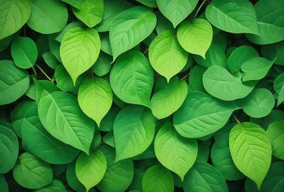 The image features a large group of green leaves, possibly from a plant or a tree. The leaves are arranged in a dense and lush manner, covering a significant portion of the image. The primary subject is the abundance of green leaves, which create a vibrant and natural atmosphere. The setting is outdoors, with the leaves growing in a natural environment. The visual style is a close-up of the leaves, showcasing their intricate details and textures. The colors and mood of the image are predominantly