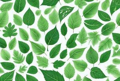 The primary subject of the image is a large collection of green leaves, which are the main objects in the scene. The leaves are arranged in a pattern, covering the entire image. The setting is a white background, which provides a clean and minimalistic appearance. The visual style is a combination of photo and digital art, creating a realistic yet artistic representation of the green leaves. The dominant colors are green, which gives the image a fresh and lively atmosphere.