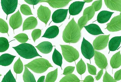 The primary subject of the image is a large collection of green leaves, which are arranged in a pattern on a white background. The leaves are displayed in various shapes and sizes, creating a visually appealing and lively scene. The visual style of the image is a combination of photo and digital art, as it captures the natural beauty of the leaves while maintaining a clean and organized appearance. The dominant colors in the image are green, which is the color of the leaves, and white, which serves as the background. The overall atmosphere of