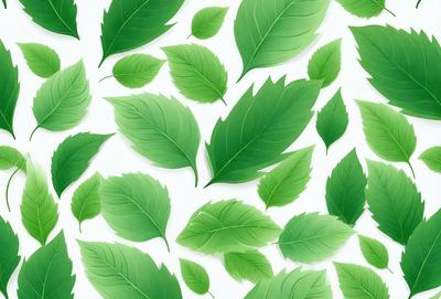 The primary subject of the image is a large collection of green leaves, which are arranged in various shapes and sizes. The leaves are displayed on a white background, creating a visually appealing contrast. The visual style of the image is a combination of photo and digital art, as it captures the natural beauty of the leaves while maintaining a clean and organized appearance. The dominant colors in the image are green, which is the color of the leaves, and white, which serves as the background. The overall atmosphere of the image is serene and