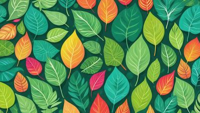The primary subject of the image is a colorful and vibrant pattern of leaves. The leaves are arranged in a visually appealing manner, creating a lively and dynamic scene. The setting is a green background, which provides a natural and harmonious environment for the leaves. The visual style of the image is a combination of digital art and illustration, showcasing the artist's creativity and attention to detail. The colors and mood of the image are predominantly green and orange, which evoke feelings of warm