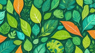 The primary subject of the image is a collection of green and orange leaves, which are arranged in a visually appealing manner. The leaves are displayed on a green background, creating a vibrant and lively atmosphere. The visual style of the image is a combination of digital art and illustration, with the leaves being depicted in a detailed and realistic manner. The dominant colors in the image are green and orange, which evoke a sense of freshness and warmth.