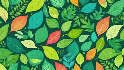 The primary subject of the image is a colorful and vibrant pattern of leaves. The leaves are arranged in a visually appealing manner, creating a lively and dynamic scene. The setting is a green background, which provides a natural and harmonious environment for the leaves. The visual style of the image is a combination of digital art and illustration, showcasing the artist's creativity and attention to detail. The colors and mood of the image are predominantly green and yellow, evoking a sense of fresh