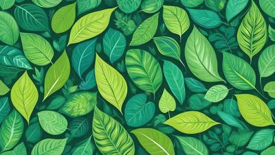 The primary subject of the image is a large green leafy plant with many leaves. The setting is a green background, which creates a natural and lush atmosphere. The visual style is a combination of a photo and digital art, as the leaves are depicted in a detailed and realistic manner. The dominant colors are green, which creates a calm and soothing mood.