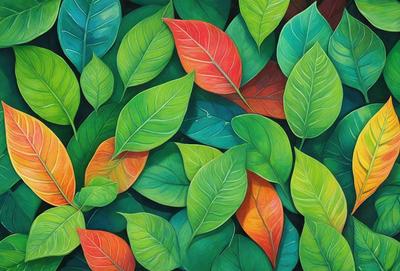 The primary subject of the image is a large group of green and red leaves, which are the main objects in the scene. The leaves are arranged in a visually appealing manner, creating a vibrant and lively atmosphere. The setting is a colorful painting or drawing, showcasing the artist's skill in capturing the beauty of the leaves. The visual style is a combination of digital art and illustration, with the artist using various colors and textures to create a dynamic and engaging image. The overall mood of