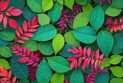 The primary subject of the image is a close-up of a leafy plant with a mix of green and red colors. The plant is surrounded by a vibrant pink background, creating a visually striking scene. The visual style of the image is a combination of photo and digital art, with the leafy plant and pink background appearing to be a part of a larger, more intricate design. The colors and mood of the image are lively and energetic, with the green and red hues evoking a sense