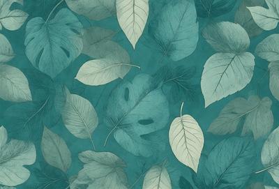 The primary subject of the image is a collection of leaves, which are the main objects in the scene. The leaves are arranged in a pattern, creating a visually appealing design. The setting is a blue background, which adds a vibrant and lively atmosphere to the image. The visual style is a combination of digital art and illustration, giving the image a unique and artistic appearance. The dominant colors are green and blue, which are prevalent in the leaves and the background, respectively. Overall, the image conve