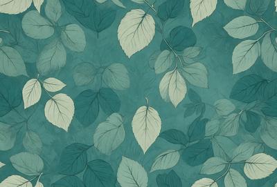 The primary subject of the image is a pattern of leaves, which are the main objects in the scene. The leaves are depicted in various shades of green and blue, creating a visually appealing and vibrant design. The setting is a blue background, which serves as the backdrop for the leaves. The visual style of the image is a combination of digital art and illustration, showcasing the intricate details of the leaves. The overall atmosphere of the image is lively and fresh, with the blue and green colors ev