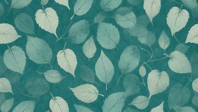 The primary subject of the image is a pattern of leaves, which are the main objects in the scene. The leaves are depicted in various shades of green and blue, creating a visually appealing and natural atmosphere. The setting is a blue background, which complements the colors of the leaves and adds to the overall visual style. The leaves are depicted in a digital art or illustration format, giving the image a modern and artistic appearance. The dominant colors and overall mood of the image are serene and calming, as