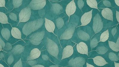 The primary subject of the image is a pattern of green leaves, which are the main objects in the scene. The leaves are arranged in a visually appealing manner, creating a sense of depth and dimension. The setting is a blue background, which complements the green leaves and adds to the overall visual style. The image is a digital art or illustration, showcasing the artist's skill in creating a realistic and aesthetically pleasing representation of the leaves. The dominant colors are green and blue, creating a calm and
