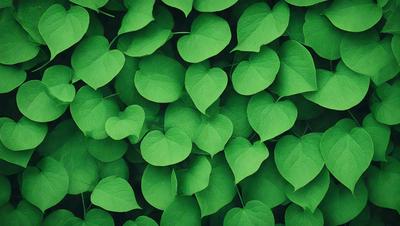 The primary subject of the image is a large group of green leaves, which are the main objects in the scene. The leaves are arranged in a dense, overlapping pattern, creating a visually striking and lush appearance. The setting is a green background, which complements the vibrant green color of the leaves. The visual style of the image is a close-up of the leaves, emphasizing their intricate details and textures. The overall atmosphere of the image is fresh, natural, and serene, with the green leaves