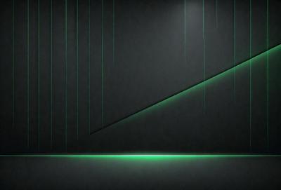 The primary subject of the image is a green triangle. The setting is a black background, and the visual style appears to be a digital art or illustration. The dominant colors are green and black, creating a modern and sleek atmosphere.