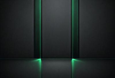 The primary subject of the image is a black wall with green neon lights. The setting is a dark room, and the visual style is a black and white photo. The dominant colors are black and green, creating a moody atmosphere.
