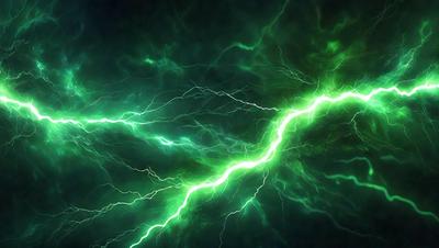 The primary subject of the image is a green lightning bolt, which is the main object, scene, or focus of the image. The setting or background of the image is a dark, green, and blue sky, which creates a dramatic and moody atmosphere. The visual style of the image is a digital art or illustration, as it is a well-crafted and detailed representation of the lightning bolt. The colors and mood of the image are predominantly dark and intense, with the green lightning b