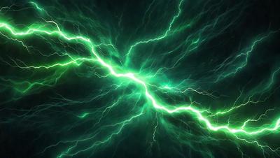 The primary subject of the image is a bright green lightning bolt, which is the main focus of the scene. The lightning bolt is surrounded by a dark background, creating a striking contrast. The visual style of the image is a digital art or illustration, as it captures the vibrant colors and dynamic nature of the lightning bolt. The colors and mood of the image are predominantly green, with the lightning bolt being the most prominent and eye-catching element.