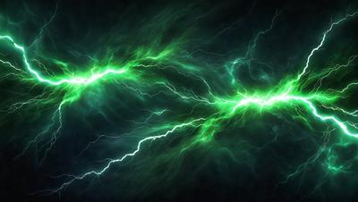 The primary subject of the image is a green lightning bolt, which is the main focus of the scene. The lightning bolt is set against a dark blue background, creating a striking contrast. The visual style of the image is a digital art or illustration, as it appears to be a carefully crafted design rather than a photo. The dominant colors in the image are green and blue, with the green lightning bolt being the most prominent feature. The overall atmosphere of the image is dynamic and energetic, as the light