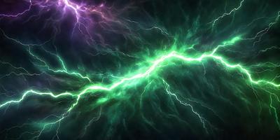 The primary subject of the image is a green lightning bolt, which is the main object, scene, or focus of the image. The setting or background is a dark, purple-blue sky, which adds to the overall atmosphere. The visual style of the image is a digital art or illustration, as it is a well-defined and detailed lightning bolt. The colors and mood of the image are predominantly dark and moody, with the green lightning bolt standing out against the purple-blue sky