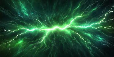 The primary subject of the image is a bright green light, which appears to be a neon light or a lightning bolt. The light is surrounded by a dark background, creating a striking contrast. The visual style of the image is a close-up of the light, emphasizing its vibrant color and intensity. The colors and mood of the image are predominantly green, with the light creating a lively and energetic atmosphere.