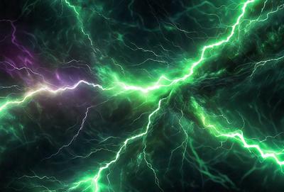 The primary subject of the image is a green lightning bolt, which is the main object, scene, or focus of the image. The setting or background of the image is a dark, green, and purple space, which creates a dramatic and moody atmosphere. The visual style of the image is a digital art or illustration, as it is a well-crafted and detailed representation of the lightning bolt. The colors and mood of the image are predominantly green and purple, with the green lightning