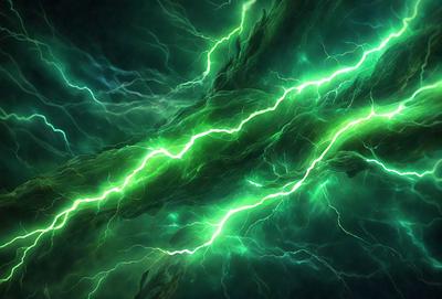 The primary subject of the image is a green lightning bolt, which is the main focus of the image. The setting is a dark background, which contrasts with the bright green lightning bolt. The visual style is digital art, as the lightning bolt appears to be a digital illustration. The colors and mood of the image are predominantly green, with the lightning bolt creating a sense of energy and movement.