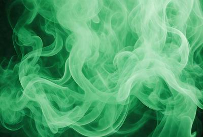 The primary subject of the image is a green, swirling, and misty cloud. The setting is a dark background, which contrasts with the vibrant green color of the cloud. The visual style is a close-up of the cloud, emphasizing its texture and movement. The colors and mood of the image are predominantly green, creating a serene and calming atmosphere.
