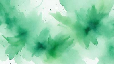 The primary subject of the image is a green plant with leaves. The setting is a watercolor painting, which gives the image a vibrant and artistic visual style. The dominant colors are green and blue, creating a serene and natural atmosphere.