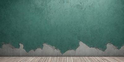 The primary subject of the image is a green wall with a peeling paint texture. The setting is a room with a wooden floor. The visual style is a photo, and the dominant colors are green and brown. The overall atmosphere is somewhat aged and worn, possibly due to the peeling paint.