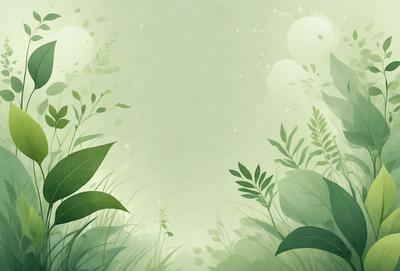 The primary subject of the image is a lush green forest with a variety of plants and leaves. The setting is a green background, which creates a serene and natural atmosphere. The visual style is a combination of photo and digital art, giving the image a realistic yet artistic appearance. The colors and mood are predominantly green, which adds to the overall sense of tranquility and harmony with nature.