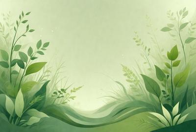 The primary subject of the image is a lush green forest with a variety of plants and trees. The setting is a green background, which creates a serene and natural atmosphere. The visual style is a combination of digital art and illustration, giving the scene a vibrant and detailed appearance. The colors and mood are predominantly green, which adds to the overall sense of tranquility and harmony with nature.
