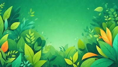 The image features a lush green forest with a variety of leaves and plants. The primary subject is a large leaf, which is prominently displayed in the foreground. The setting is a green background, which creates a serene and natural atmosphere. The visual style is a combination of digital art and illustration, giving the image a vibrant and detailed appearance. The colors and mood are predominantly green, with a hint of yellow, reflecting the lushness of the forest.