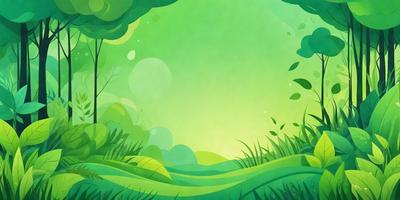 The primary subject of the image is a lush green field with trees in the background. The setting is a forest, and the visual style is a combination of digital art and illustration. The colors and mood are predominantly green, creating a serene and natural atmosphere.