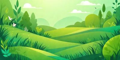 The primary subject of the image is a lush green field with a hillside and trees in the background. The setting is a grassy hillside with a forest in the distance. The visual style is a combination of digital art and illustration, creating a vibrant and natural atmosphere. The colors and mood are predominantly green, with a sense of tranquility and serenity.