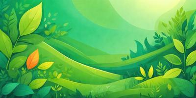The primary subject of the image is a green landscape with a hillside and a forest. The setting is a lush green environment, and the visual style is a digital art or illustration. The colors and mood are predominantly green, creating a serene and natural atmosphere.