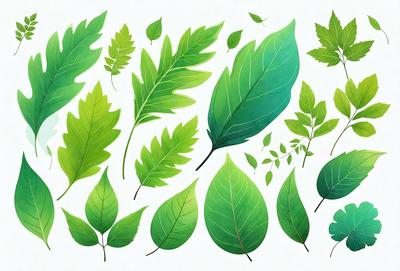 The image features a collection of green leaves, including various types of leaves and plants. The leaves are arranged in a visually appealing manner, creating a sense of harmony and balance. The primary subject of the image is the green leaves, which are the main focus of the scene. The setting is a white background, which provides a clean and uncluttered environment for the leaves to be displayed. The visual style of the image is a combination of digital art and illustration, showcasing the intricate details and textures of the