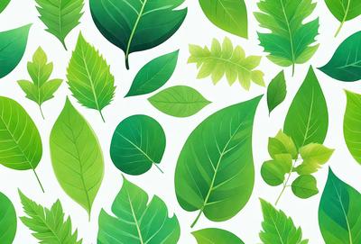 The primary subject of the image is a collection of green leaves, which are the main objects in the scene. The leaves are arranged in a pattern, creating a visually appealing and natural backdrop. The setting is a white surface, which provides a clean and uncluttered backdrop for the leaves. The visual style of the image is a combination of photo and digital art, as it appears to be a close-up of the leaves, but the arrangement and overall composition suggest a digital artwork. The dominant colors in the image are