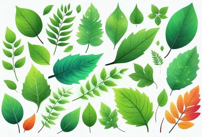 The primary subject of the image is a collection of green leaves, which are the main objects in the scene. The leaves are arranged in various shapes and sizes, creating a visually appealing and natural pattern. The setting is a white background, which provides a clean and uncluttered environment for the leaves to stand out. The visual style of the image is a combination of digital art and illustration, as the leaves are depicted in a detailed and realistic manner. The dominant colors in the image are green, which is the color of