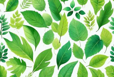 The primary subject of the image is a collection of green leaves, which are the main objects in the scene. The leaves are arranged in a pattern, creating a visually appealing and natural backdrop. The visual style of the image is a combination of photo and digital art, as it appears to be a close-up of the leaves, yet the leaves are also arranged in a way that suggests a digital artwork. The dominant colors in the image are green, which gives the scene a fresh and lively atmosphere.