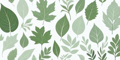 The primary subject of the image is a collection of green leaves, which are the main objects in the scene. The leaves are arranged in a pattern, creating a visually appealing and harmonious design. The setting is a white background, which provides a clean and minimalist look to the image. The visual style is a combination of digital art and illustration, as the leaves are depicted in a detailed and realistic manner. The dominant colors in the image are green, which creates a calm and soothing atmosphere.