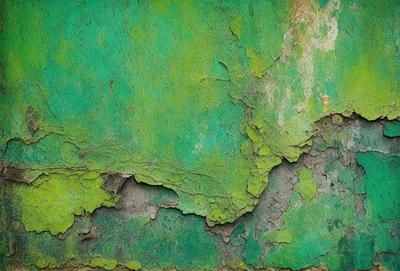 The primary subject of the image is a green wall with peeling paint, giving it a worn and aged appearance. The setting is an outdoor environment, possibly a building or a wall. The visual style is a photo, capturing the details of the peeling paint and the green color of the wall. The colors and mood of the image are predominantly green, with a slightly faded and worn look due to the peeling paint.